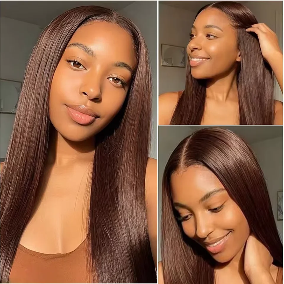13X4 Lace Frontal Wig Human Hair Straight Chocolate Brown Brazilian Pre-Plucked with Natural Baby Hair for Women