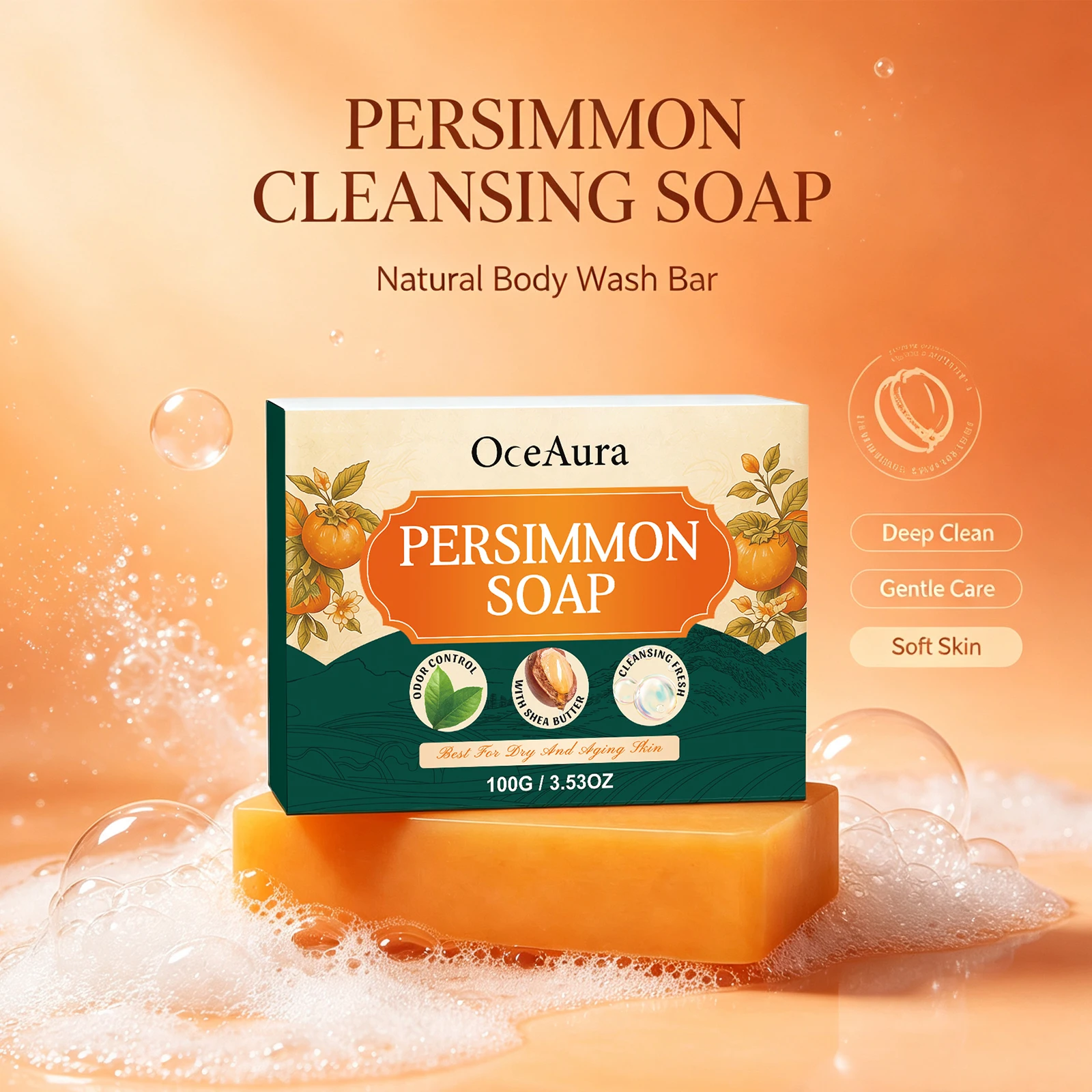 Persimmon Soap Bar for Body Odor Control Old People Smell Natural Deodorant Bar Soap Refreshing Organic Deep Cleaning Body Face Wash Soap