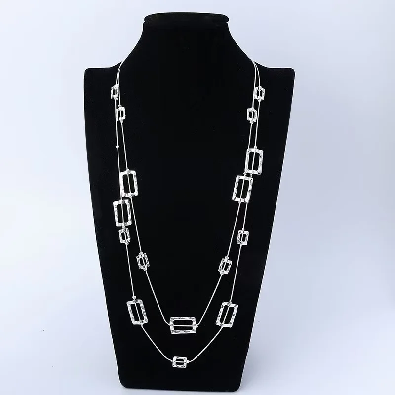 

Modern Silver Geometric Long Layered Necklace – Textured Rectangle Link Statement Jewelry for Women