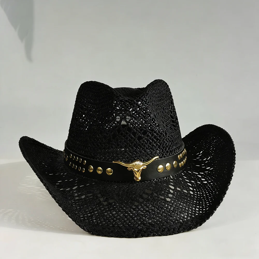 IG Western Cowboy Straw hat women Fashion Large Brim straw hat Breathable Outdoor summer cowgirl Sun Jazz Hat sombrero vaquero