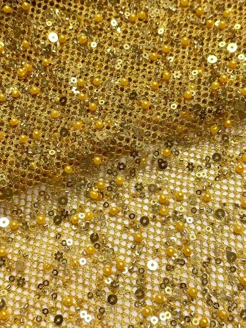 

Роскошная золотая кружевная ткань из тюля с бисером для выпускного платья, бальных платьев