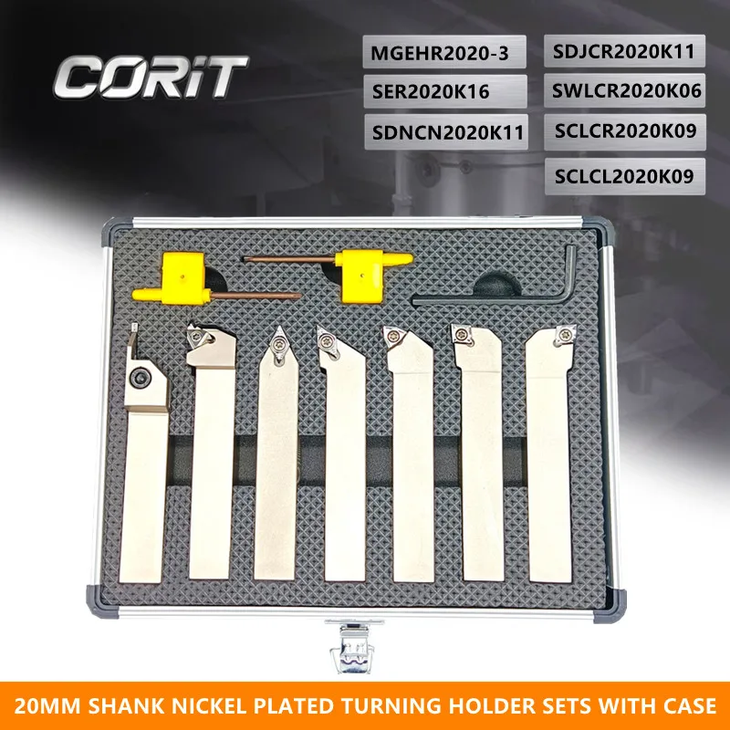 CORIT 7Sets of 20MM Shank Nickel Plated CNC Lathe Turning Tool Holder with Carbide Inserts and Wrenches in Case Set Turning Tool