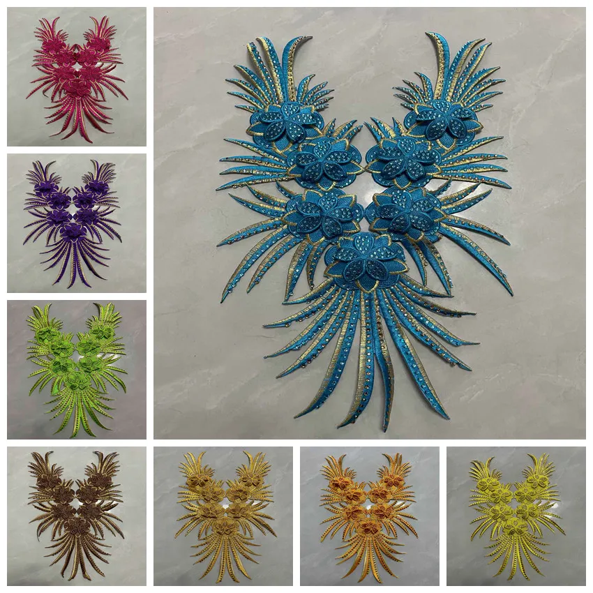 أحدث تطريز فاخر لعام 2024 خط عنق من الدانتيل وياقة من حجر الراين وزخرفة خياطة على شكل زهرة مواد ملابس ذاتية الصنع للملابس الأفريقية