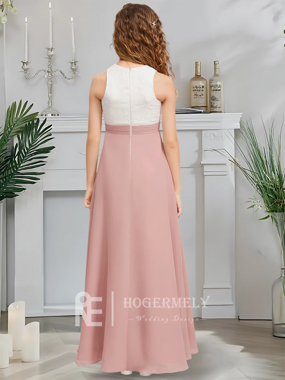 

C Kids Child A-Line Junior Bridesmaid Dress Mauve Mist Flower Girl Dress Scoop Neck Chiffon Lace Garden Gala Dance Wedding Party