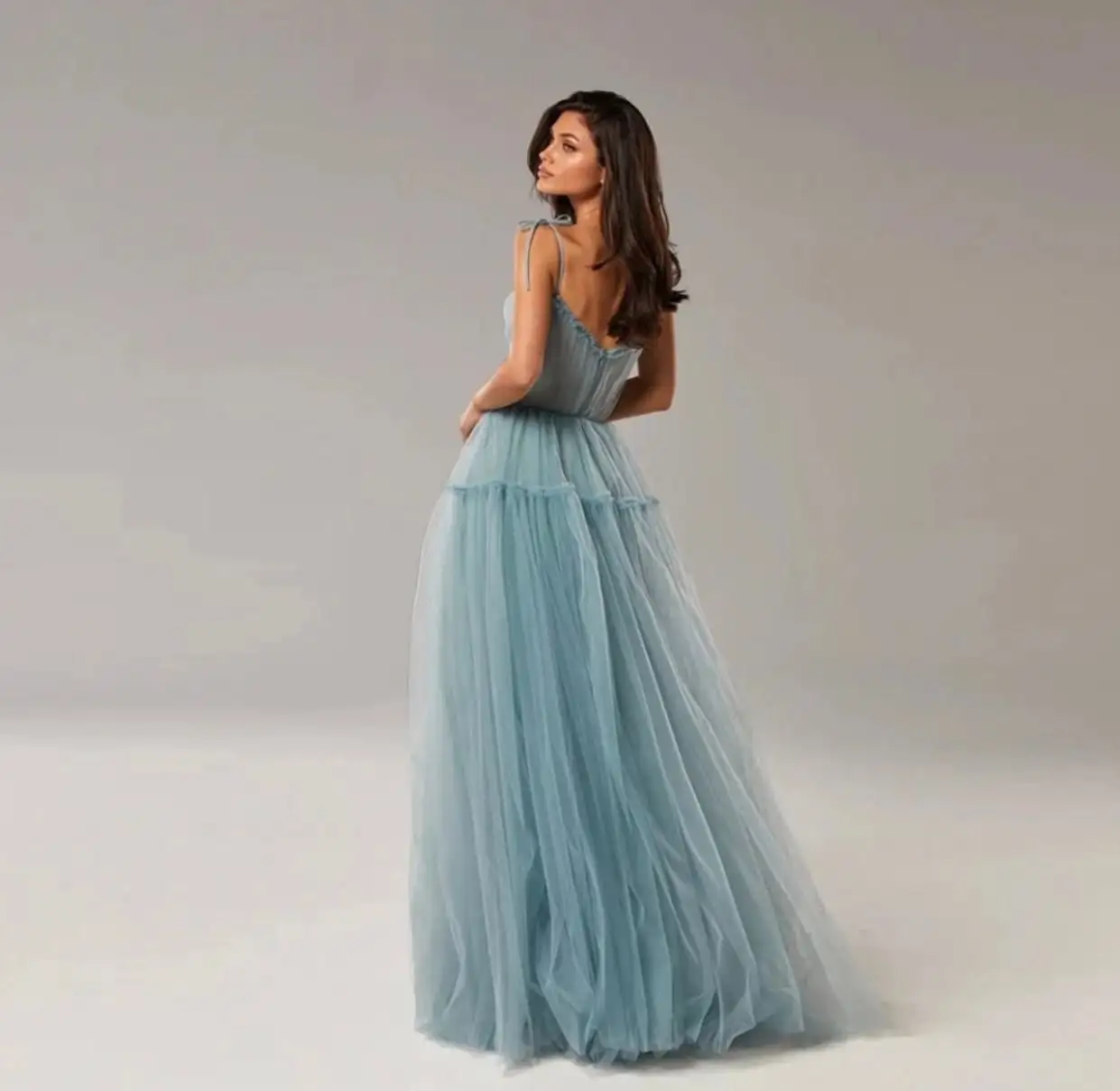 Satsweety Simple A Line Dusty Blue Tulle Long Prom Dresses Spaghetti Straps Strapless Pleats Floor Length 2024 Evening Gowns