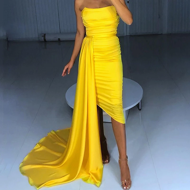 Simple Yellow Satin Off Shoulder Evening Dress Tube Top Pleated Strap Train Prom Dress Sleeveless Slim Fit Party Dress Vestido D