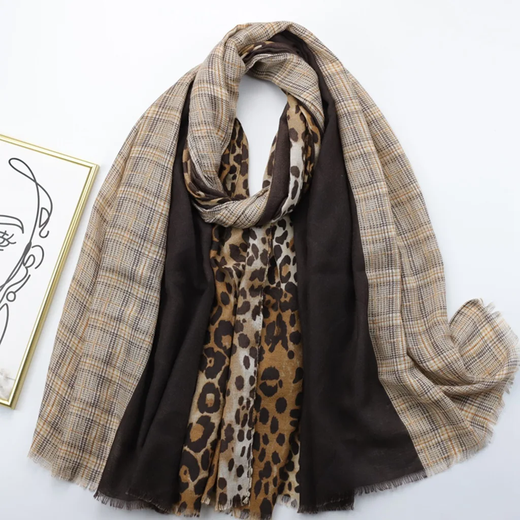 1 Pair of 180Cm*90Cm Plaid Leopard Print Pure Color Splicing Long Scarf Women's Cotton and Linen Winter Leopard Print Scarf