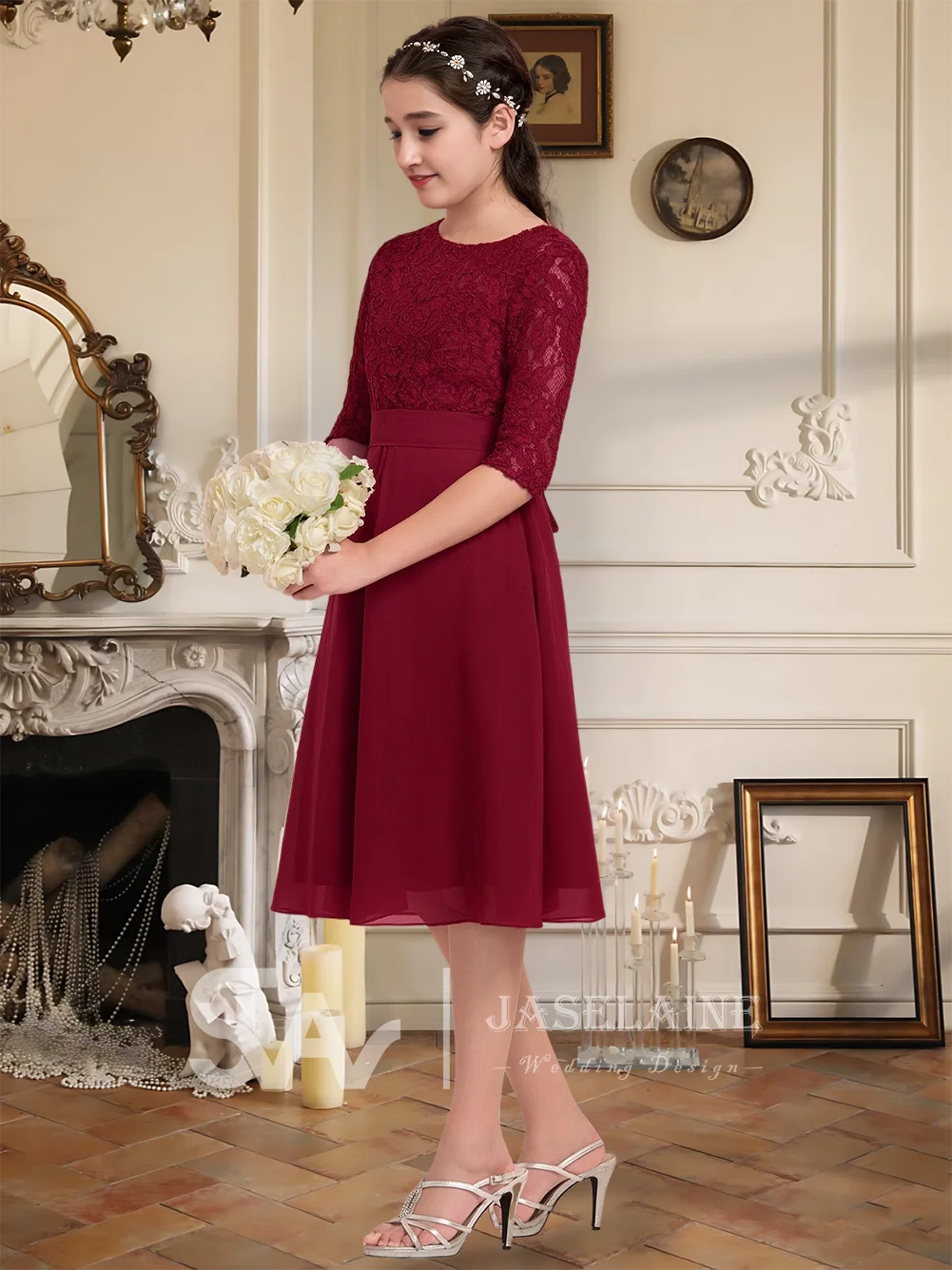 Elegant Royal Plum A-Line Scoop Chiffon Lace Junior Bridesmaid Dress Flower Girl Dress Girls Wedding Party Formal Communion