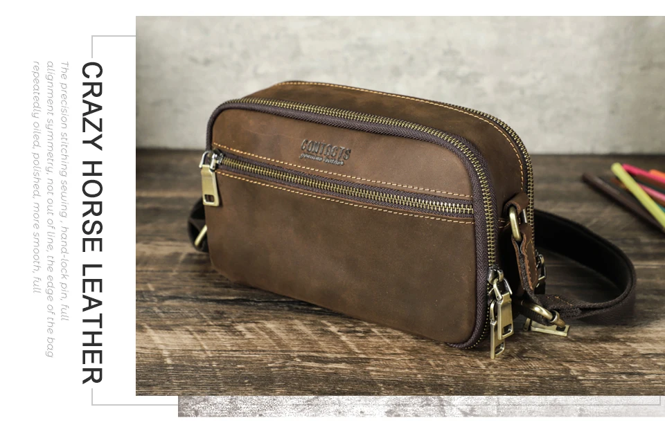 CONTACT'S Echtleder Kleine Umhängetasche für Herren, Vintage Crossbody-Schultertasche, Reisehandtasche mit Luxus-Ausführung für Männer – Detail 2