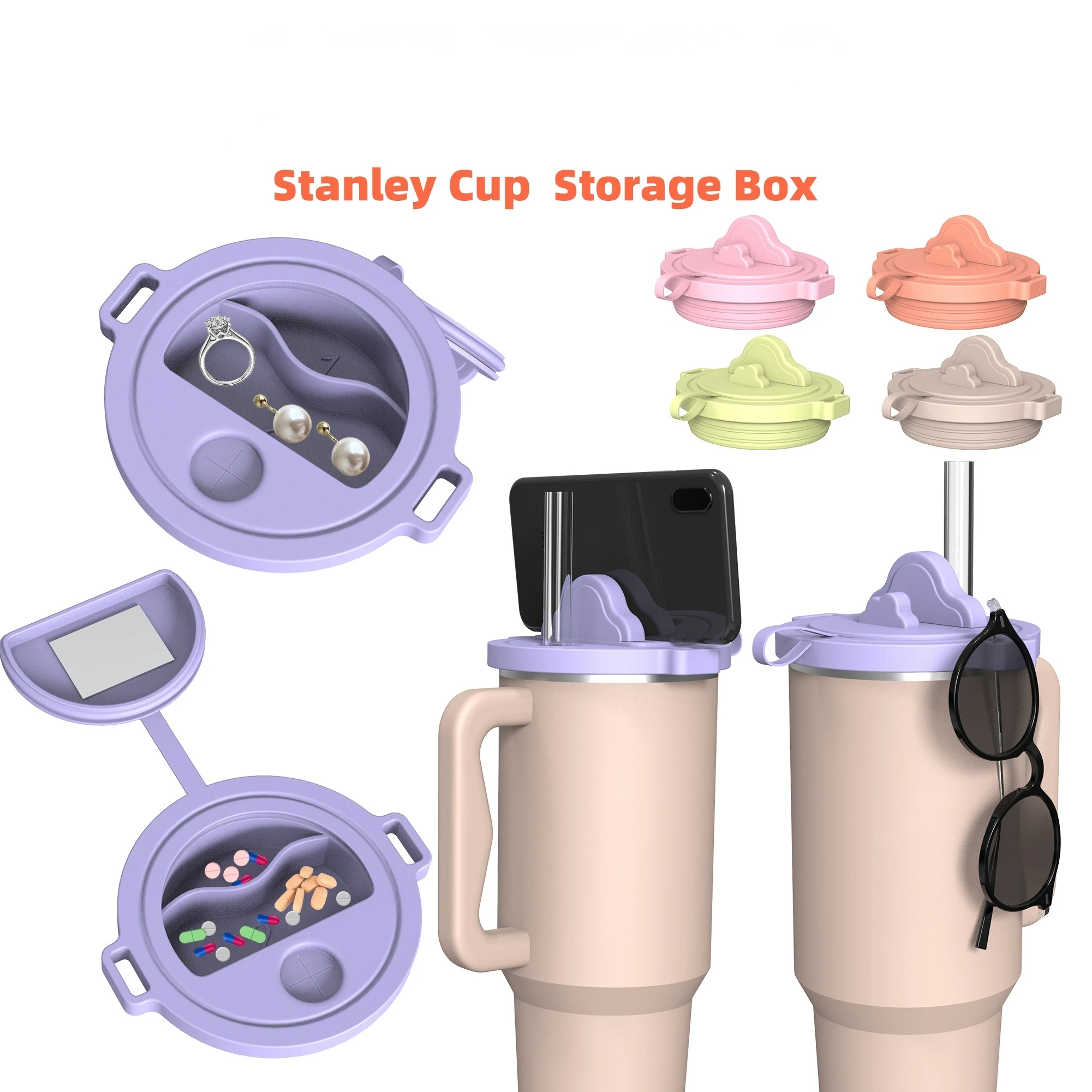 Multifunctional Silicone Water Cup Lid Storage box-40OZ-Built-in Small Mirror for Nakeup Touch-ups, Double Compartment Storage