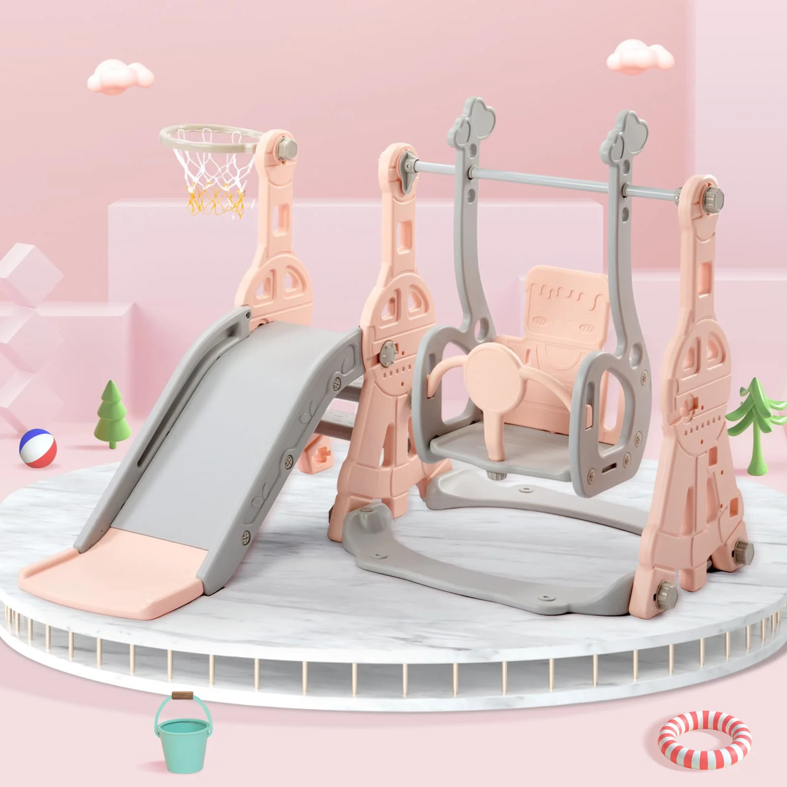 Tobogán infantil con estructura de escalada y columpio, juego de toboganes con aro de baloncesto y escalera de escalada, parque infantil interior (rosa/azul)