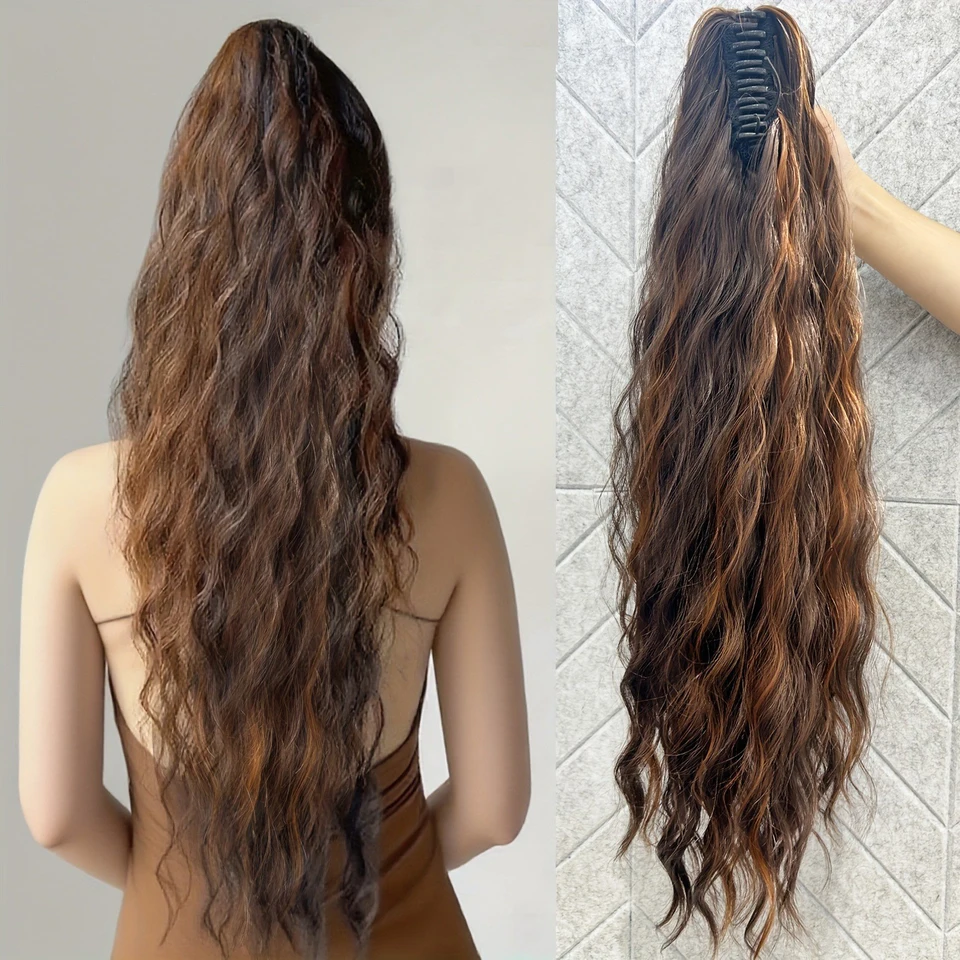 Coleta con Clip de Garra, Onda de Agua Sintética, Negro, Rubio, Fibra Resistente al Calor, Despeinada, para Mujeres 3