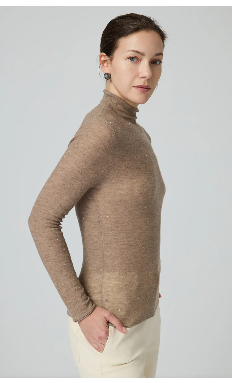 BY3521261 Damen Kaschmir-Mischgewebe Langarm-Strickshirt mit Stehkragen, Glitzergarn, Slim Fit, Leichtgewichtig, Herbstliches Alltags-Oberteil – Detail 9