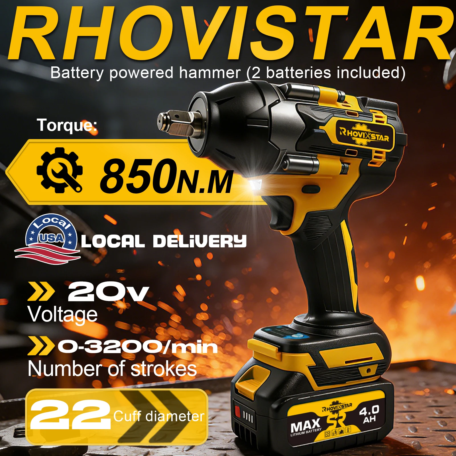 20V Brushless Cordless RhovixStar Impact Wrench 850Nm Electric Driver 1/2