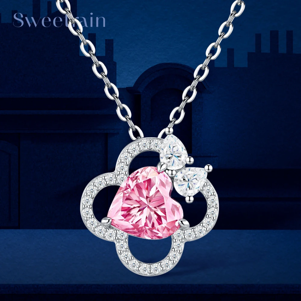 2CT Heart Pink Moissanite Necklace 925 Sterling Silver Lucky Four-leaf Clover Pendant Choker Chain Women Wedding Party Jewelry