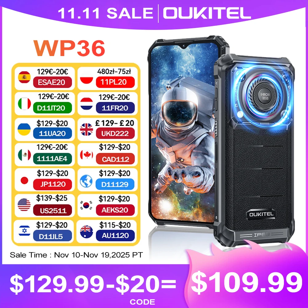 Oukitel WP36 Rugged Smartphone  16GB 128GB Mobile Phone Android 13 13MP Camera 10600mAh 6.52'' HD+ Cell Phone
