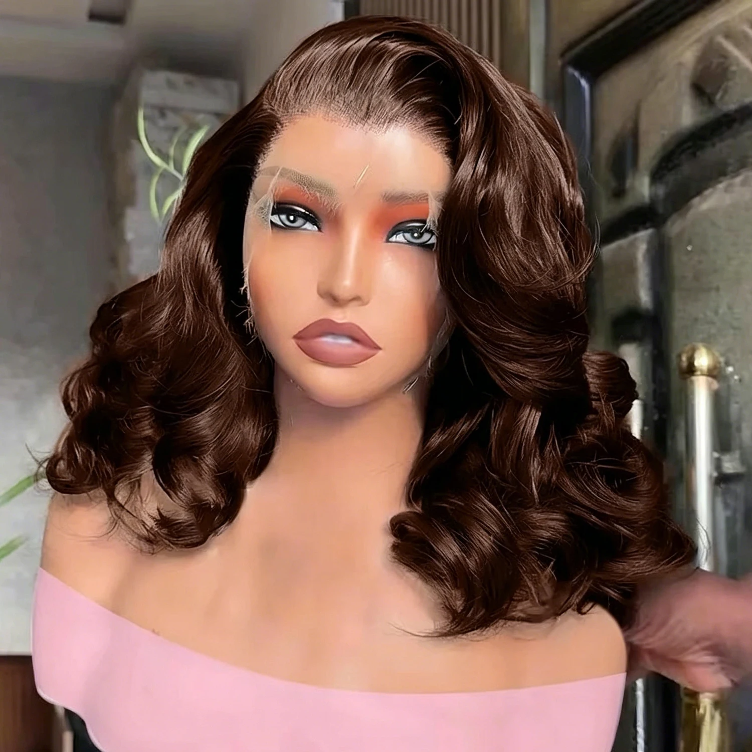 

Brazilian Chocolate Brown Body Wave Short Bob 13x4 HD Transparent Lace Front Wig 220% Density Lace Frontal Human Hair Wigs Wavy