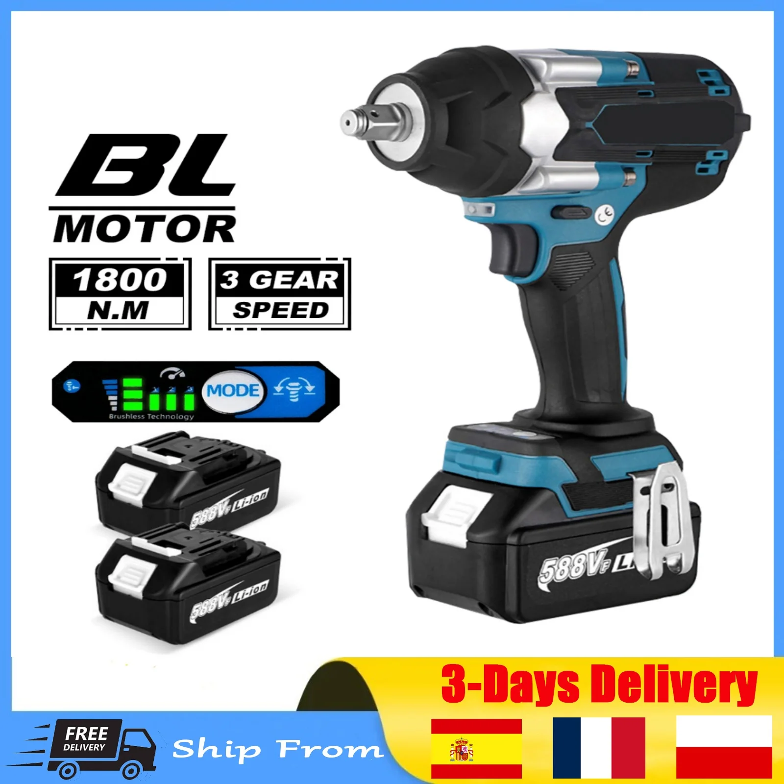 Lithium-Ion Battery Cordless Wrench Power Tools For Makita 18V Battery 1800N.M Torque Brushless Electric Impact Wrench 1/2 inch