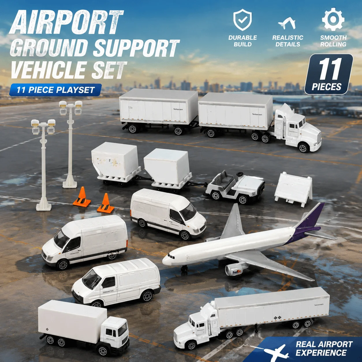 11-Piece 1:87 Scale Aviation Display Set, Cargo Aircraft and Ground Service Vehicle Models, Detailed Metal & Plastic Airport Scene Collection for Diorama Layout, Office Decor, Hobby Projects, Father's Day Gift