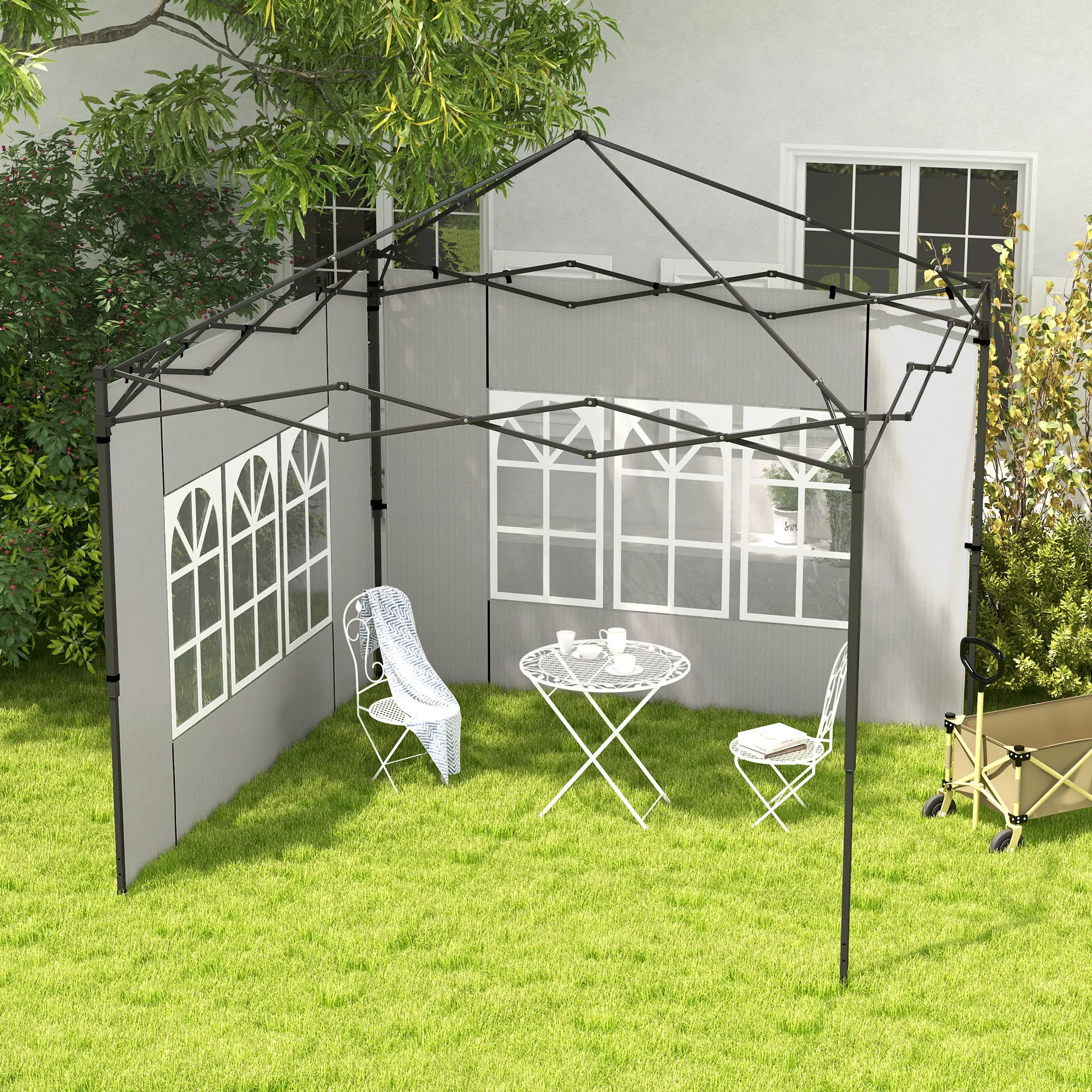 Lot de 2 panneaux latéraux pour gazebo, 293x193cm (sans cadre ni toit inclus), murs latéraux de remplacement en plastique PE blanc avec fenêtres arquées pour gazebo pop-up 3x3m ou 3x6m, installation facile par crochets et boucles, murs de remplacement pour tente de jardin ou auvent de terrasse