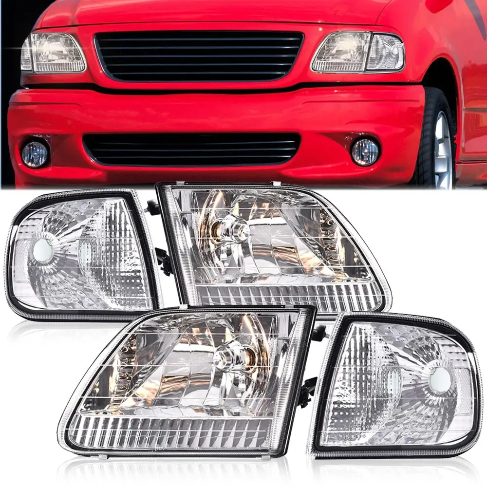 

Headlights Assembly Compatible with Ford F150 1997-2003 /Fits Ford Expedition 1997-2002 Chrome Housing Clear Reflector Cool White