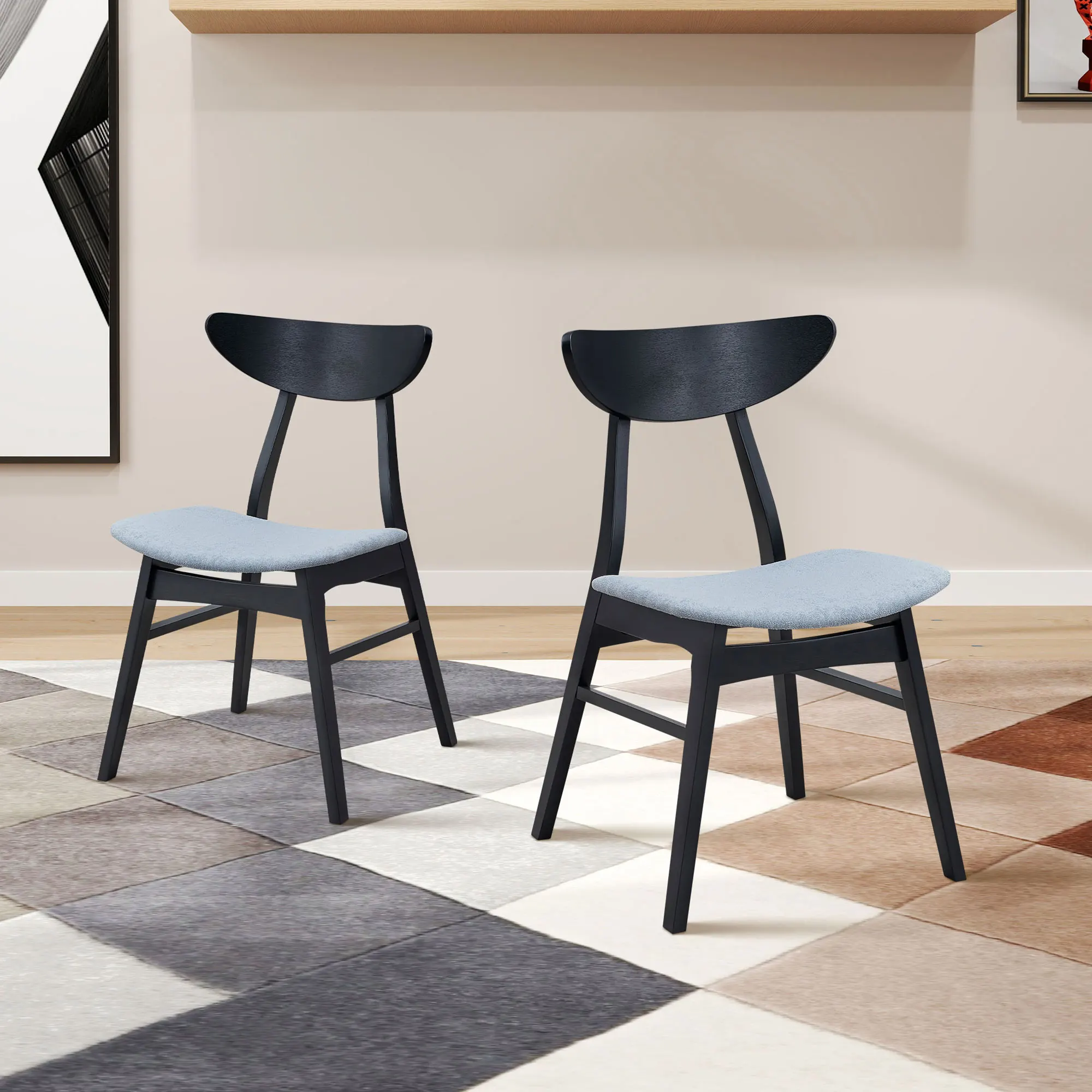 Set of 2 Black Dining Chairs Solid Rubber Wood Frame Soft Upholstered Kitchen Side Chairs Modern Polyester Fabric Seat for Dining Room Living Room Restaurant
