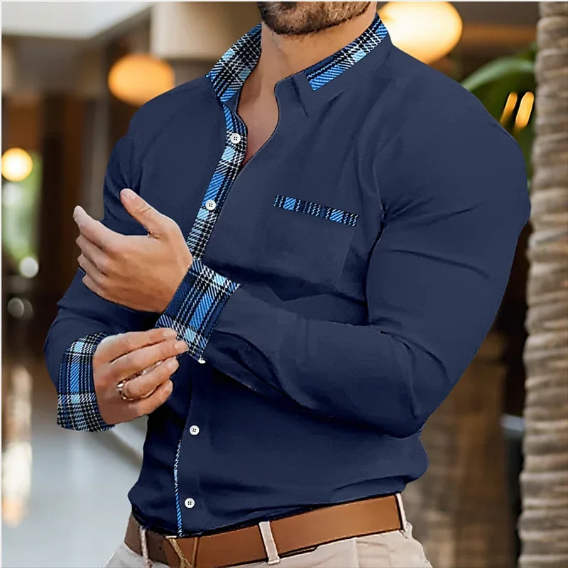 Men\'s shirt buttons casual shirt long -sleeved patchwork shirt daily fake casual comfortable casual and elegant clothing