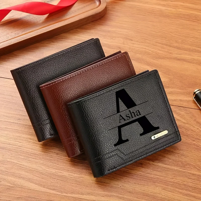 

1pc Men's Business Style Faux Leather Wallet, Customizable Text and Initials, Solid Color Faux Leather with Contrast Accents
