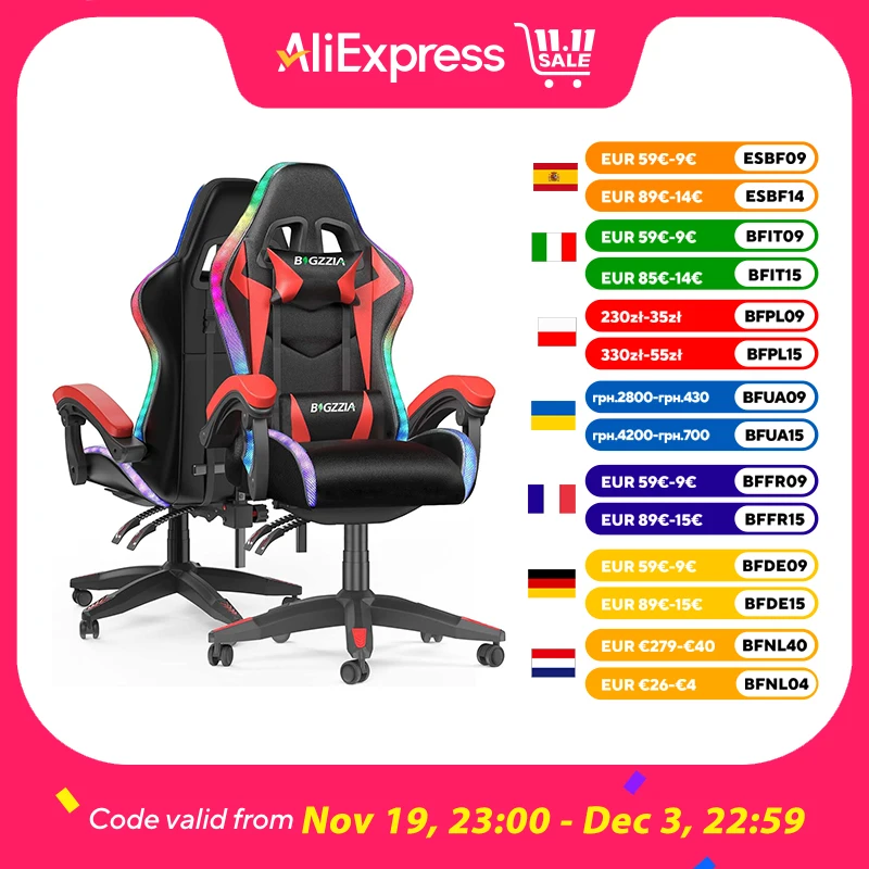 Chaise de jeu avec LED RGB chaises de jeu chaise ergonomique pour PC avec appui-tête chaise de jeu lumière RGB éclairage chaise d'ordinateur