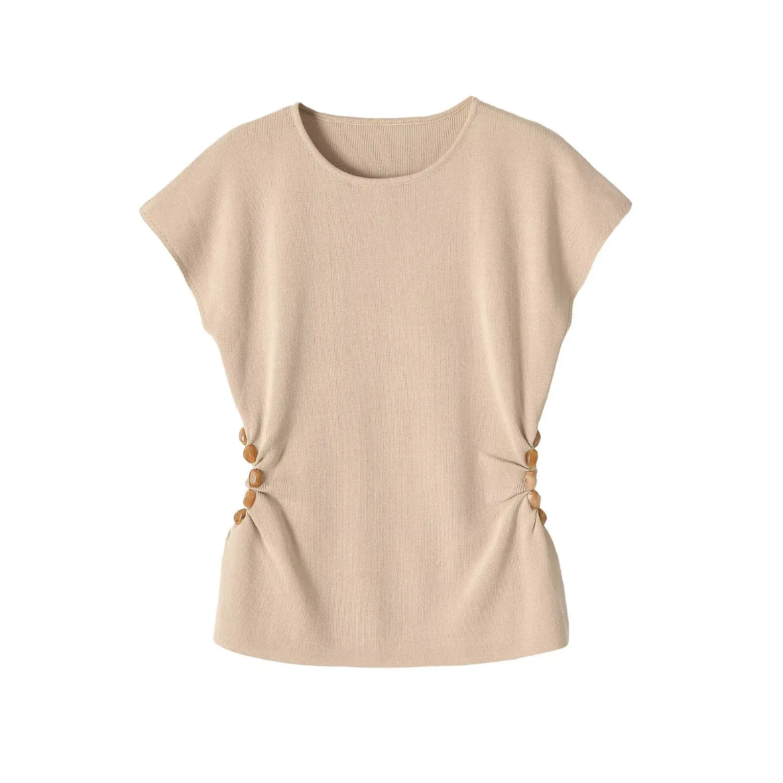 Elegant Side Ruched Knit Top Women Casual Beaded Detail Cap Sleeve Sweater Summer O Neck Slim Fit Solid Color Crop Blouse