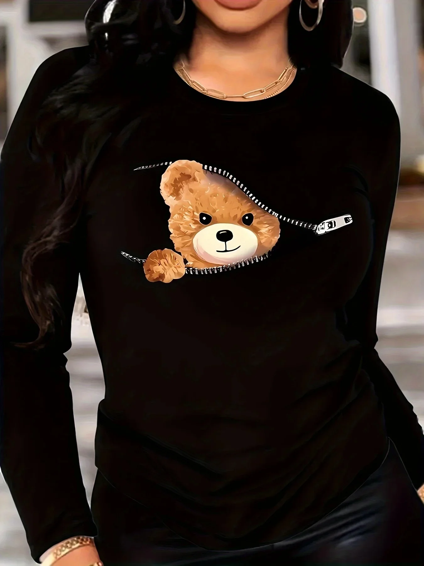 Teddy Bear Print Crew Neck T shirt Casual Long Jesienno-zimowy top damski z długim rękawem T-shirt luźny wygodny czarny biały — zdjęcie 2