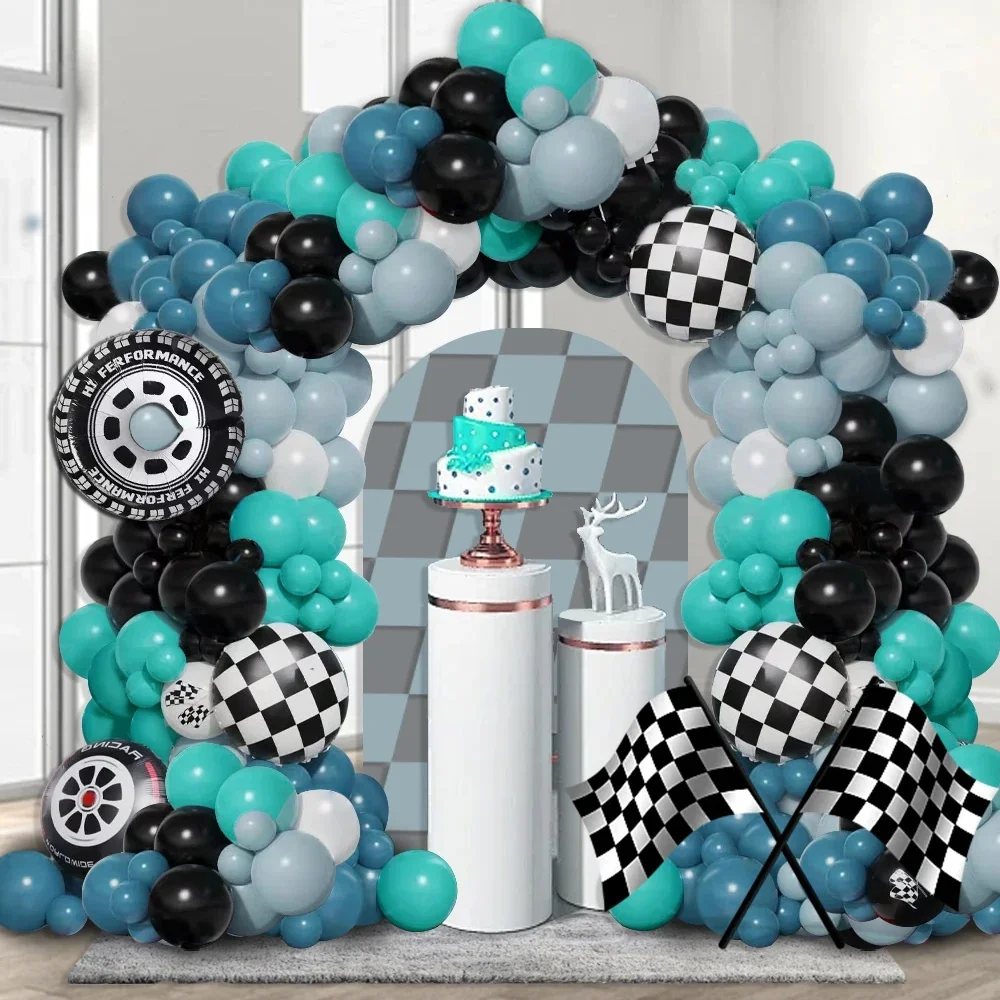 Kit d'arc de guirlande de ballons sur le thème de course de 117 pièces, ballons en latex bleu marine et noir, ballons en aluminium à carreaux noir et blanc, grands ballons en aluminium pour pneus,