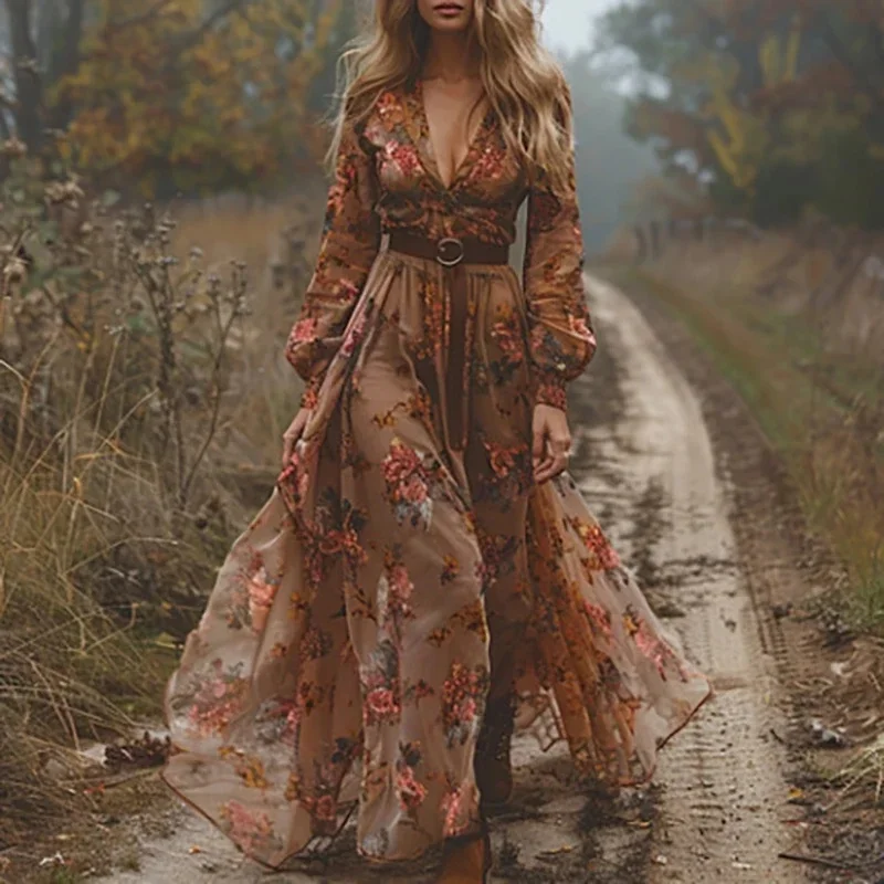 Etniczny retro kwiatowy nadruk Plisowana długa sukienka Wiosna Seksowny kołnierzyk koszuli Guziki Kobiety Sukienka imprezowa Jesień Długi rękaw Bohe Maxi Dress — zdjęcie 2