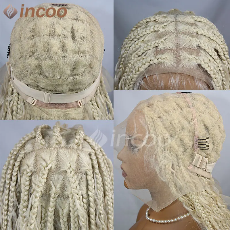 32" Synthetic Boho Box Jumbo Braided Wigs Curly End Blonde 613 Large Square Part Box Braided Wigs Lace Front Wig For Black Women