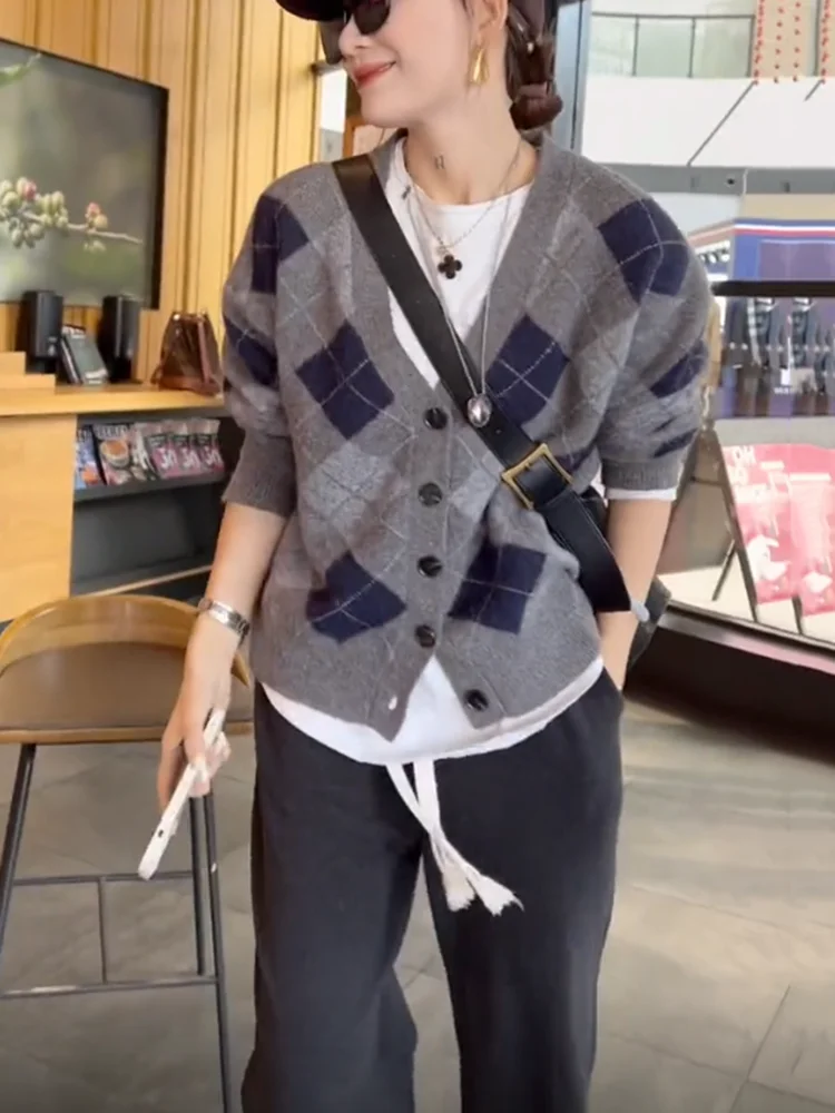 Vintage Plaid Sweater Cardigans Women Clothes 2024 Fall Winter Single Breasted Long Sleeve Korean Fashion Tops Pull Femme C-064