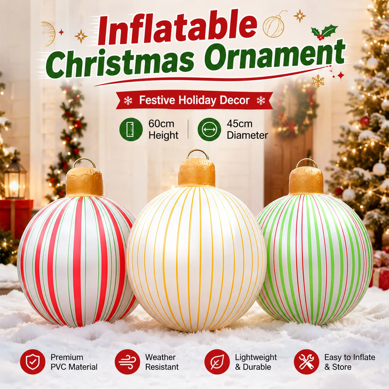 1 Stück Riesiger Aufblasbarer Weihnachtsball 60cm Rot-Grün Gestreifter Hängender Baumschmuck für Innen- und Außenbereich Feiertagsdekoration