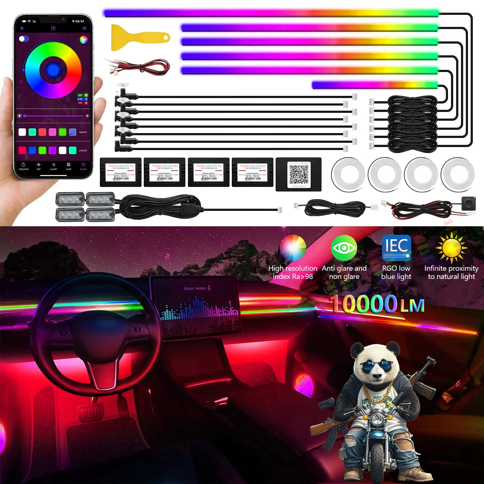 

22 In1 Full Color Neon Streamer Car Ambient Lights LED Interior Hidden Acrylic Strip Symphony RGB 64 Universal Atmosphere Lamp