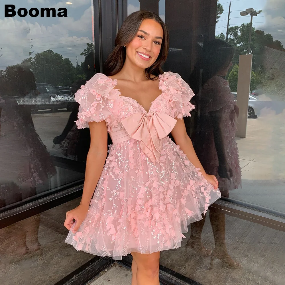 

Booma A-Line Pink Mini Prom Dresses Sweetheart Short Sleeves Floral Party Prom Gowns for Women Cocktail Dresses with Big Bow