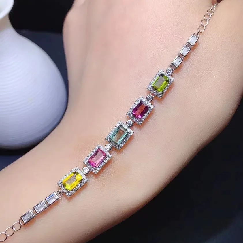 KJJEAXCMY fine jewelry 925 sterling silver inlaid natural tourmaline Women's trendy elegant square gem hand bracelet support tes