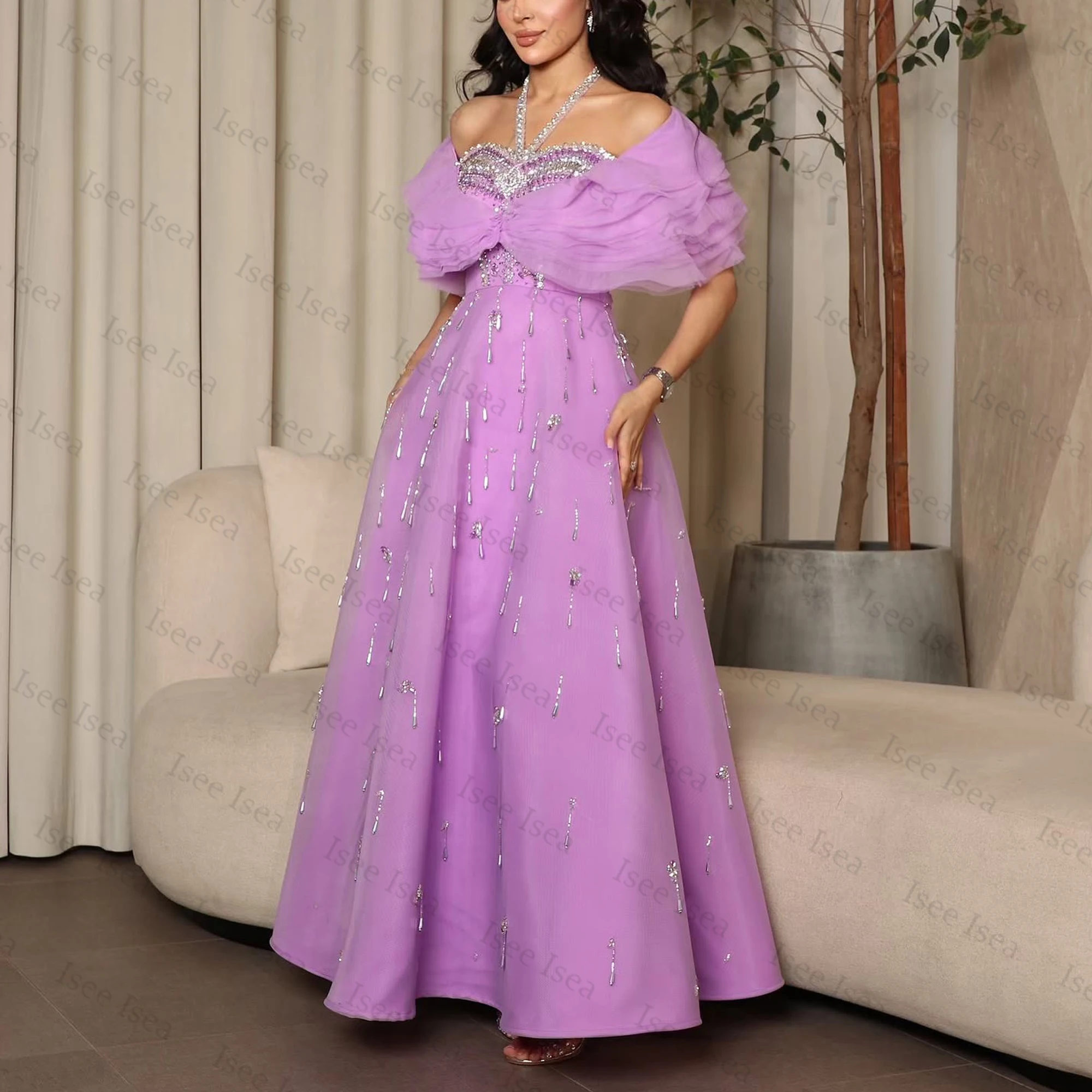 المملكة العربية السعودية كريستال لافندر فساتين السهرة حورية البحر شرابة الديكور فساتين الزفاف قبالة الكتف فستان الحفلة الراقصة ألف خط طول الكاحل