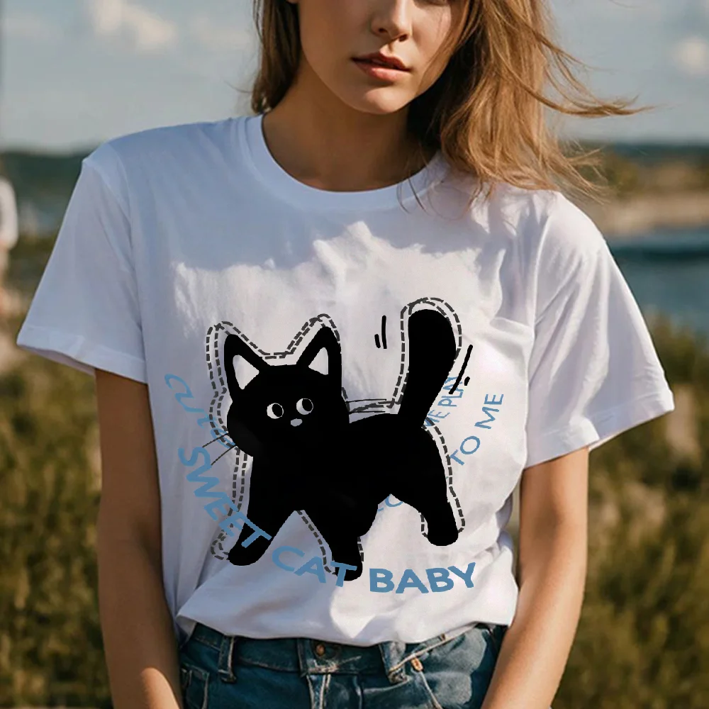 

Furry Kitten Surrounded Letters Y2k Clothes Women Cuteore Graphic Shirt Retro Print Trendy Casual Fashion Semisheer Effect