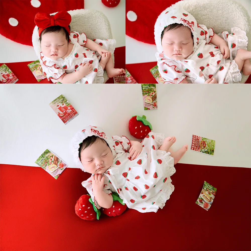 

Newborn Milestone Photography Props Sweet Baby Photo Dresses+bow Headband Set Strawberry Mat Toys for Studio Professional Props