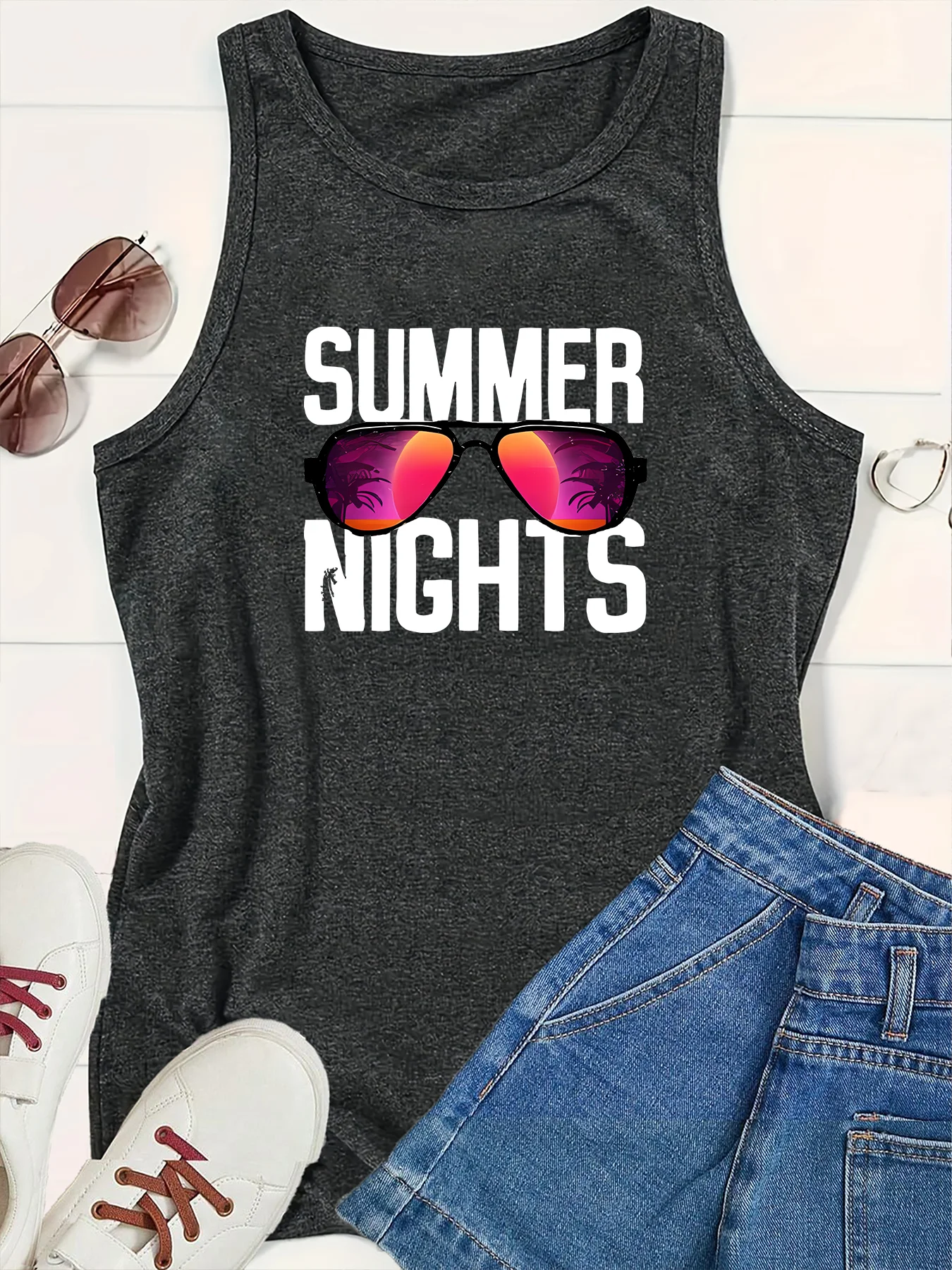 Summer Nights  Sunglasses Coconut Tree Fashion Funny Sports Women's Tank Top Loose O Neck Sleeveless Casual Tank