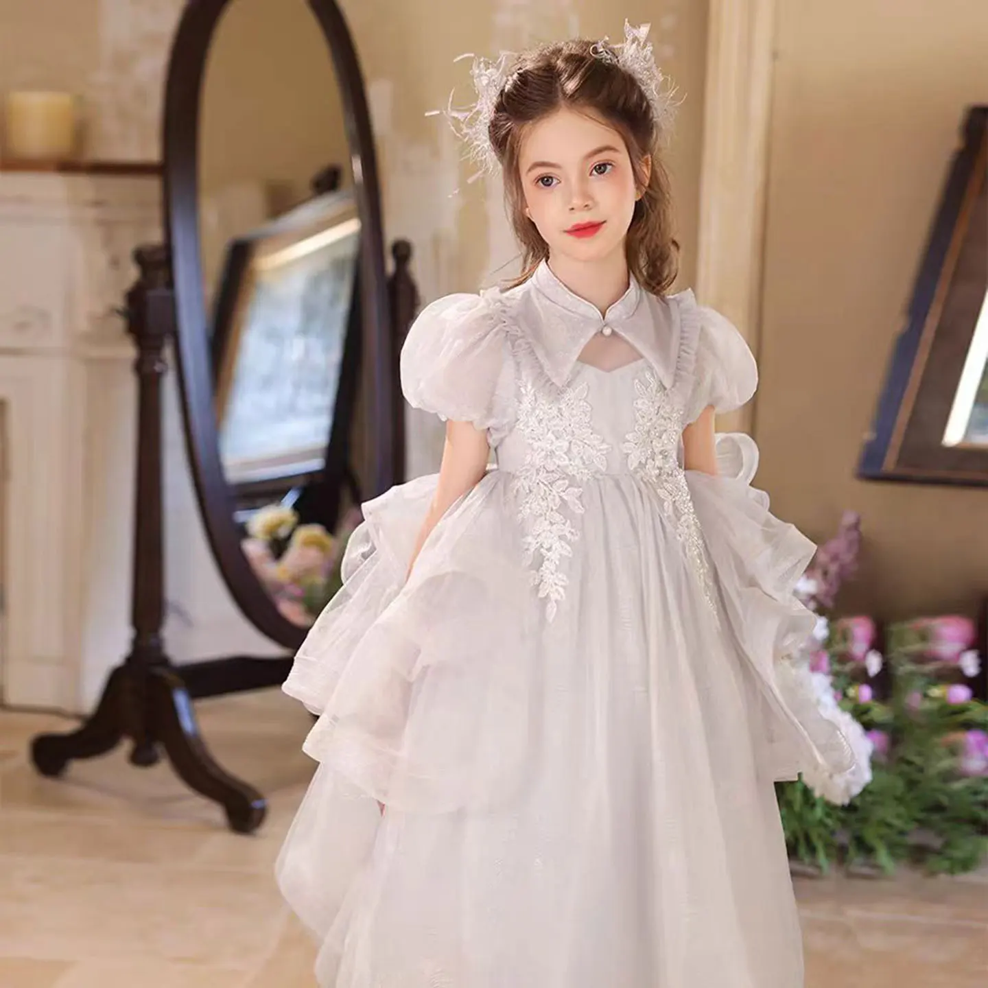 Dreamy Vow J528 Elegant Embroidered Lace Ruffle Tulle Flower Girl Dress With Bow Short Sleeve Wedding Holiday Evening Party Prom