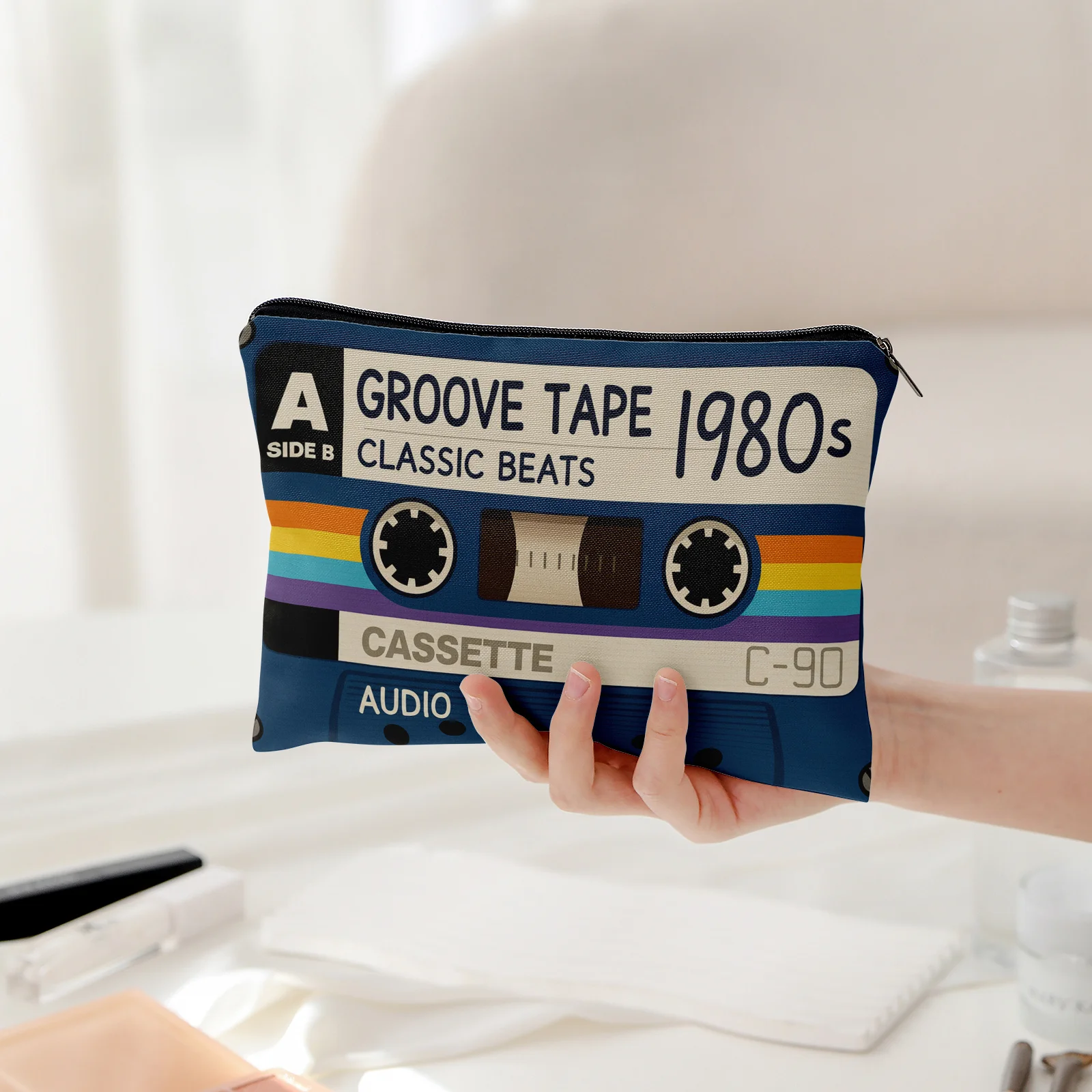 1Pc "Groove Tape 1980S" Retro Tape Design Multifunctional Travel Makeup Bag, Snack Storage Bag, Stationery Storage Bag, Fashionable Toiletry Bag, Canvas Double-Sided Printed Zipper Pouch - view 2