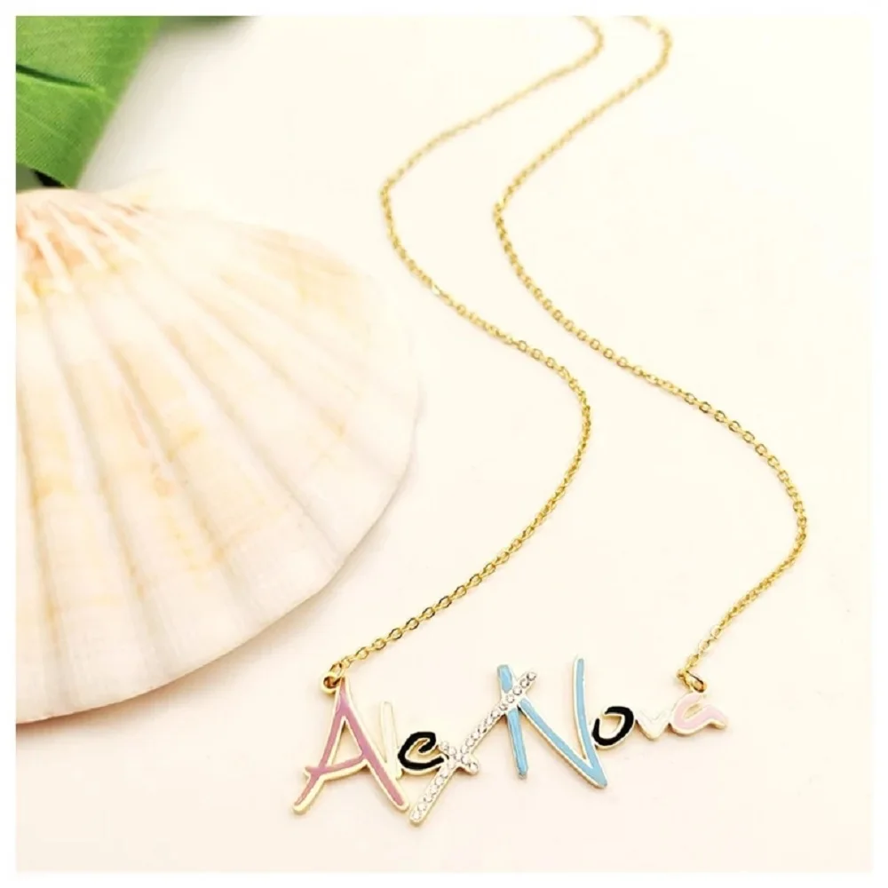 

Custom Enamel Name Letter Necklace With CZ Stones Personalized Pendant With Colorful Cursive Font Nameplate Jewelry Gift For Mom