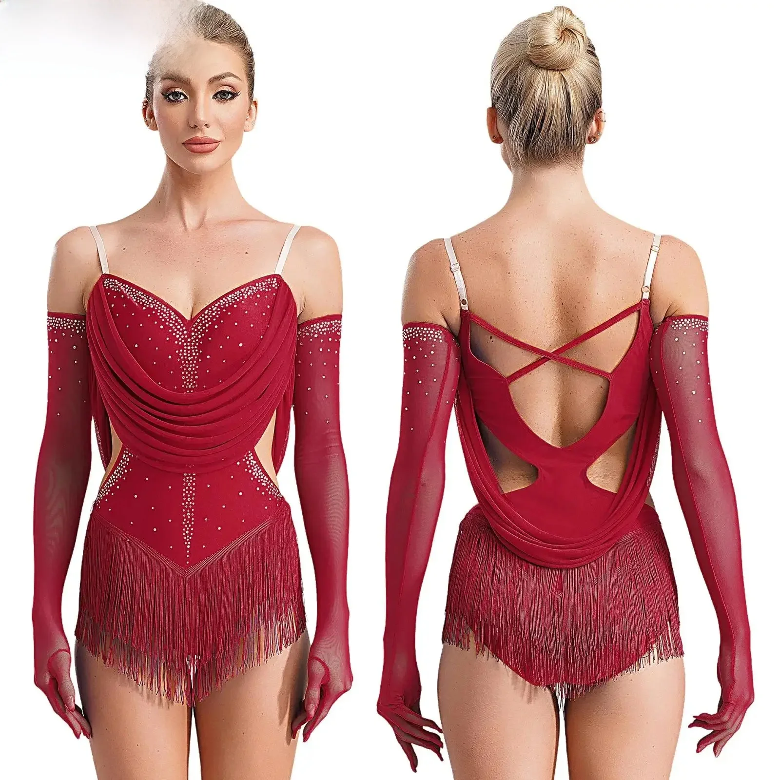 Womens Kwastje Latin Dans Turnpakje Jurk Strass Omzoomd Bodysuit + Handschoenen Outfits voor Tango Cha-Cha Salsa Schaatsen Prestaties - afbeelding 2