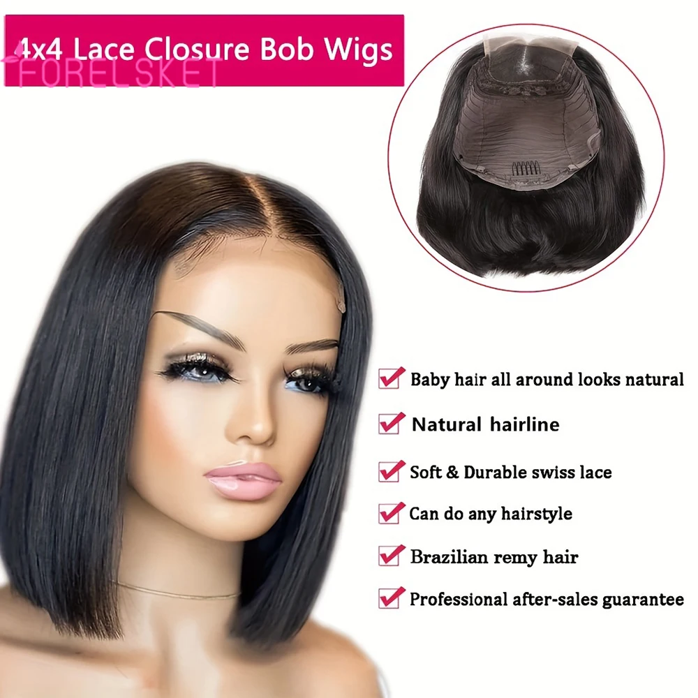 FORELSKET-Perruque Bob Lace Closure Wig Naturelle, Cheveux Courts, 4x4, 150% de Densité, Pre-Plucked, avec Baby Hair, pour Femme