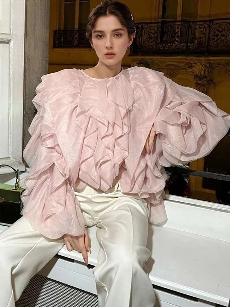 TWOTWINSTYLE elegancka, patchworkowa falbana szyfonowa bluzka damska O Neck latarnia z długim rękawem luźna koszula odzież damska moda — zdjęcie 2