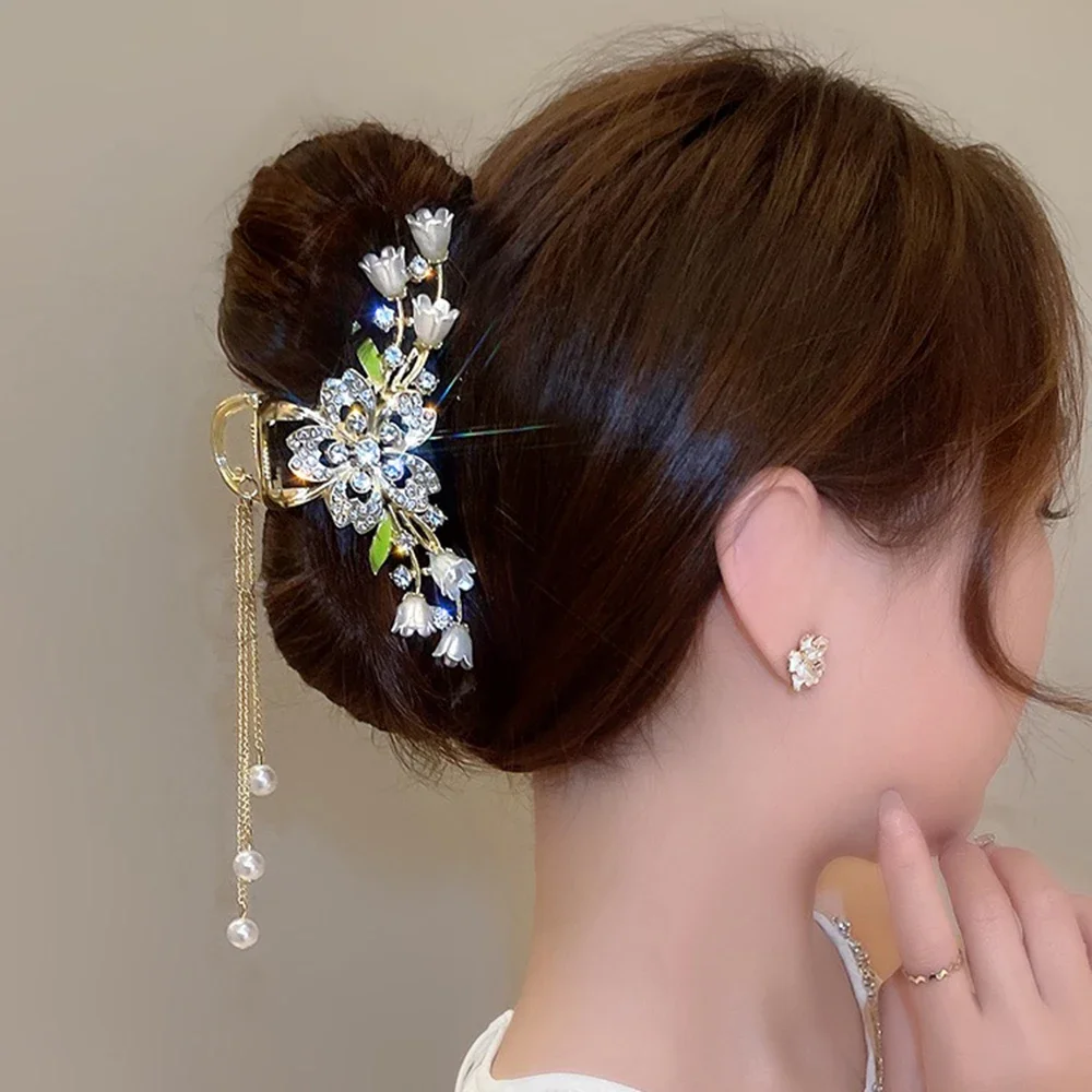 Haimeikang Rhinestone Tassel Hair Claw Golden Bow Flower Hair Clip Spinka do włosów dla kobiet Elegancki kucyk Modne akcesoria do włosów — zdjęcie 2